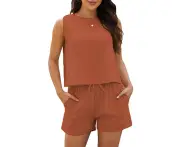 Women Summer Outfit Set Tank Top Elastic Waist Shorts 2 Piece Sleeveless Top Shorts Set Rusty Red M