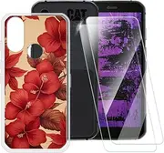 ESACMOT Red Flowers Pattern Case Compatible with CAT S62 Pro + [2 Pack] Screen Protector Tempered Glass, Shockproof Case Cover for CAT S62 (5.7 inch)