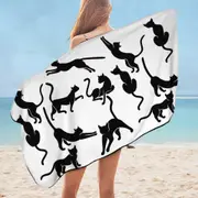 Black and White Cat Silhouettes Microfiber Beach Towel