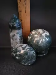 Moss Agate Quartz Crystal Tower / Point, Sphere, Sphere Holder, & Palm Bundle