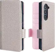 [LANJLM] Samsung Galaxy Z Fold 6 5G Wallet Case Genuine Leather Magnetic Buckle Flip Case Card Holder Shockproof Flip Cover - Gray & Pink