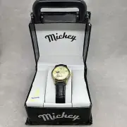 DISNEY MZBerger Mickey Mouse Watch Gold Tone with Leather Strap NIB - UNTESTED