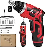 C P CHANTPOWER Cordless Electric Screwdriver Set，6+1 Torque Gears,1/4'' Hex Self-Lock Chuck, 4V Rechargeable lightweight Screwdriver with 44pcs Accessories Flashlight Charger and Carrying Case Red