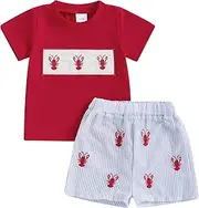 [CREAIRY] 2Pcs Baby Boy Outfits Crawfish Short Sleeve T-Shirt Tops Lobster Plaid Shorts Set Toddler Summer Clothes