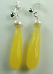 Yellow Long Agate Briolette Earrings with Freshwater Pearls Handmade Jewelry