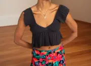 Roxy Womens Brisa V Neck Gauze Flutter Cap Sleeves Crop Top Phantom Size XS NWT