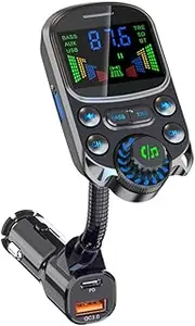 Daseeme Car BT MP3 Player FM Transmitter PD+QC3.0 Car Charge Adapter with 2 Inch OLED Screen Support Hands- Calling U-Disk/TF Card Playback Voice Assistant Treble/Bass Adjustable Voltage Display