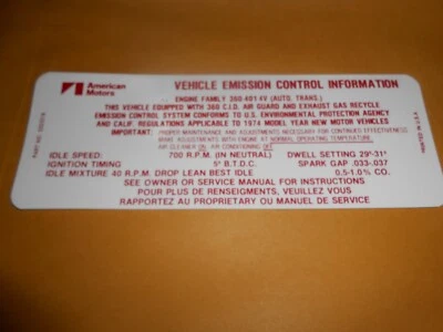 1974 Reproduction AMC 306 M/T Emission Decal DR118