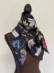 New Gucci Unisex Scarf Logo Kris Knight Floral Print Black Multicolor Silk Wrap
