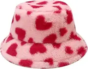 [JIHUOO] Red Heart Fisherman Hat Faux Fur Fluffy Winter Hat Fluffy Bucket Hat Warm Bucket Hat for Women, Rose, Head Circumference: 56-58 cm