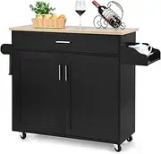 Giantex Wooden Rolling Kitchen Island, Storage Cart Trolley w/Adjustable Shelf, Spice Storage Sgelf, Towel Rack & Drawer, Utility Buffet Cabinet w/Beech Top for Kitchen Dinning Room Canteen, Black
