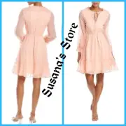 NWT BCBG SIZE 0 Floral Eyelet Tie Neck L/S Ruffle Drawstring Waist Sheath Dress