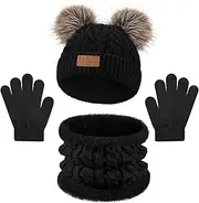 [Warmiehomy] Kids Hat Scarf and Gloves Set 3 in 1,Girls 3Pcs Winter Beanie Pompom Hat Fleece Lining Scarf Knitted Gloves Winter Accessories Sets for Aged 2-8 Children Outdoor Activities