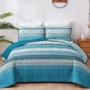 Boho King Quilt Set, Teal and Blue Bohemian Quilt Bedding Set, Lightweight Be...