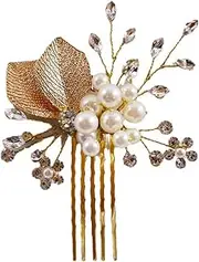 [Ling & Bai] Gold Wedding Hair Combs Bridal Clip Small Pearl Rhinestone Accessories Leaf Piece for Women and Girls(Gold)