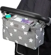 BTR XL Buggy Organiser Pram Storage Bag for Pushchairs with Mobile Phone Holder Dove Grey & White Stars.