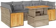 vidaXL 7-Piece Beige Poly Rattan Garden Sofa Set with Cushions/Storage - Outdoor Patio Furniture with Acacia Armrests & Table - for Lounge, Terrace, Poolside