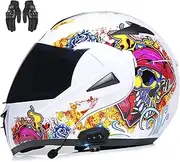 Bluetooth Full Face Motorcycle Helmet, DOT/ECE Approved Flip Up Double Visor Helmet, Built-in Dual Speaker with Microphone for Adults