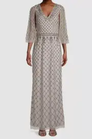 $695 Aidan by Aidan Mattox Women's Gray Embellished Cape-Sleeve Gown Dress Sz 4