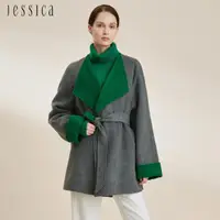在飛比找momo購物網優惠-【JESSICA】氣質寬鬆撞色雙面呢羊毛綁帶翻領中長大衣外套