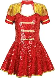 [Yruioon] Majorette Dancewear for Girls Sequins Short Sleeve Tassel Tutu Dress Halloween Showman Outfit