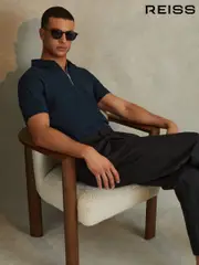 Reiss Navy Caymen Cotton Textured Half-Zip Polo Shirt (N74261) | $135