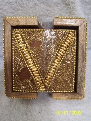Set Of 4 Monogram " V " Drink Coasters Wood & Gold With Matching Holder New
