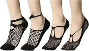 [AGDGV] Women's Fishnet Ankle Socks 4 Pairs - Black Lace Hollow Out Mesh Dress Socks, Breathable Summer Wear, Stylish Lace Trim for Women