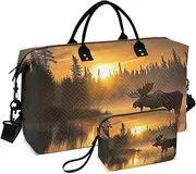 [YXYZRMY] Moose Landscape Lake Sunset Travel Duffel Bag Gym Bag Sports Tote Bag with Multiple Interior Pockets Shoulder Weekender Bag for Women Men with Toiletry Bag 20.5”x 7.9”x 13.8”, Multi-Colored