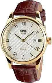 [CakCity] Men's Business Analogou Casual Watches Quartz Waterproof Wrist Watch with Golden Dial Brown Leather Band