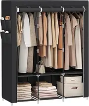 SONGMICS Portable Closet, Closet Organizer with Cover, 3 Hanging Rods, Shelves, 4 Side Pockets, 45 x 130 x 167cm, Spacious Wardrobe for Bedroom, Living Room, Black URYG092B02