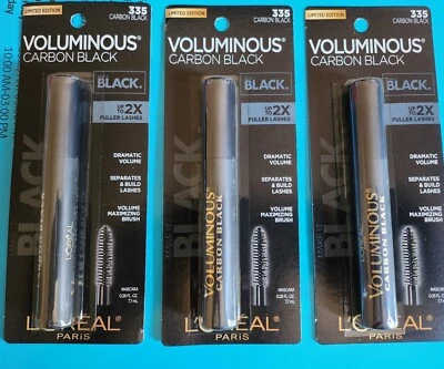3 PACK LOREAL #335 VOLUMINOUS CARBON BLACK MASCARA CARDED. FREE USPS SHIPPING.