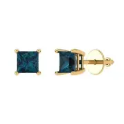 1.50ct Princess Cut London Blue Topaz Stud Earrings 14k Yellow Gold Screw Back