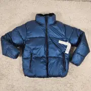 Nicole Miller Puffer Jacket Womens Medium Blue Short Faux Fur Sherpa Lined Zip