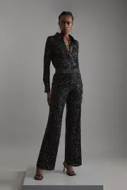 Petite Sequin High Waisted Wide Leg Pants