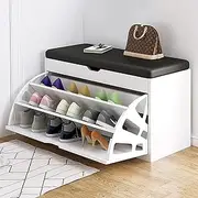 Shoe Storage Bench with Flip, Shoe Bench with Flip Top Storage Space and Padded Cushion, 3-Tier Narrow Shoe Rack Shoe Cabinet for Entryway Slim, Living Room, Bedroom, Mudroom,Black(50 X 30 X 48CM)