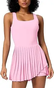 [ABOCIW] Tennis Dress for Women Square Neck Pleated Athletic Dress with Built-in Shorts & Bra Workout Golf Exercise Dress, Pink, Large
