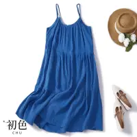 在飛比找momo購物網優惠-【初色】清涼感日系顯白寬鬆無袖吊帶裙連身裙長裙洋裝-藍色-6