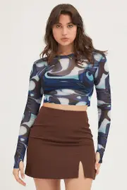 Print Long Sleeve Mesh Top - Size L, Women's Top