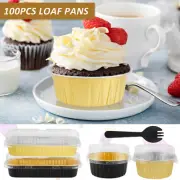 100Pcs Mini Loaf Baking Pan Reusable Cake Container with Lid and Spoon-.-.