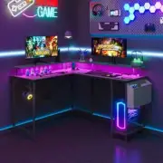 Advwin L Shaped Gaming Desk with LED Lights & Power Outlets Computer Desk Black