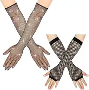 [TouKingda] Women Rhinestones Fishnet Gloves, 2 Pairs Sparkly Mesh Fingerless Gloves Long Fish Net Gloves for 80s Fancy Dress Party Costume Halloween Halloween Disco Cosplay Rave Hen Night (White)