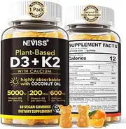 Vitamin D3 K2 Gummies with Calcium - Vegan D3 5000 IU + K2 200mcg + Calcium 600mg - Plant-Based Bone, Immune Support Supplement with Coconut Oil for High Absorption - Sweet Citrus Flavor - 60 Counts