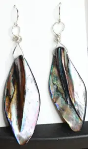 Shell Leaf Black Irridescent .925 Sterling Silver Wire Wrap Earrings 2 3/4 inch