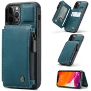 CaseMe Shockproof iPhone 12 Pro Leather Case Cover Zipper Wallet Apple [Teal Green]