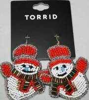 "Torrid" Earrings~Beaded Snowmen~Wire Back~Red/White/Multi~New