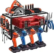 Cevadama Heavy Duty Metal Tool Organiser for Garage Storage – Power Tool Organizer with 4 Drill Holders, Toolbox & Wall Mount Shelf, Utility Rack for Screwdriver, Pegboard, Shed & Workshop
