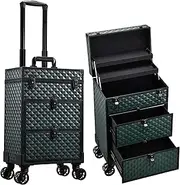 [Yueieoun] Rolling Makeup Case with Wheels, Drak Green, Rolling Makeup Case With Wheels