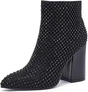 geluboao Ankle Boots for Women Sexy Bling Rhinestone Pointed Toe Side Zipper Fashion Chunky High Heeled Short Booties