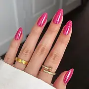 LunarCharm 24 Piece Hot Pink Press on Nails Almond, Short Almond Fake Nails, Reusable Nail Set with Adhesive Tabs Mini Nail File, Nails Press Ons